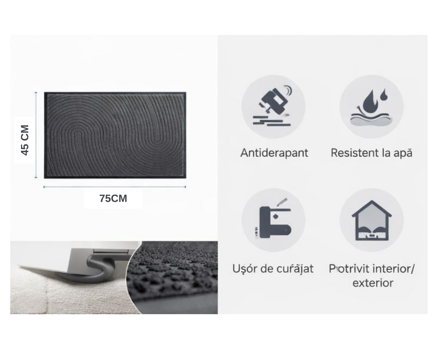Covoras de intrare, 75x45 cm, absorbant, antiderapant, cu model modern, gri, ®OPTIMDEKO TR206