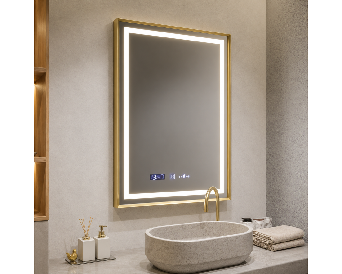 Oglinda LED Colectia Marcello Funghi Dreptunghiulara, cu Functie Dezaburire si Sistem Touch, Rama Aurie, model W10/75x90cm