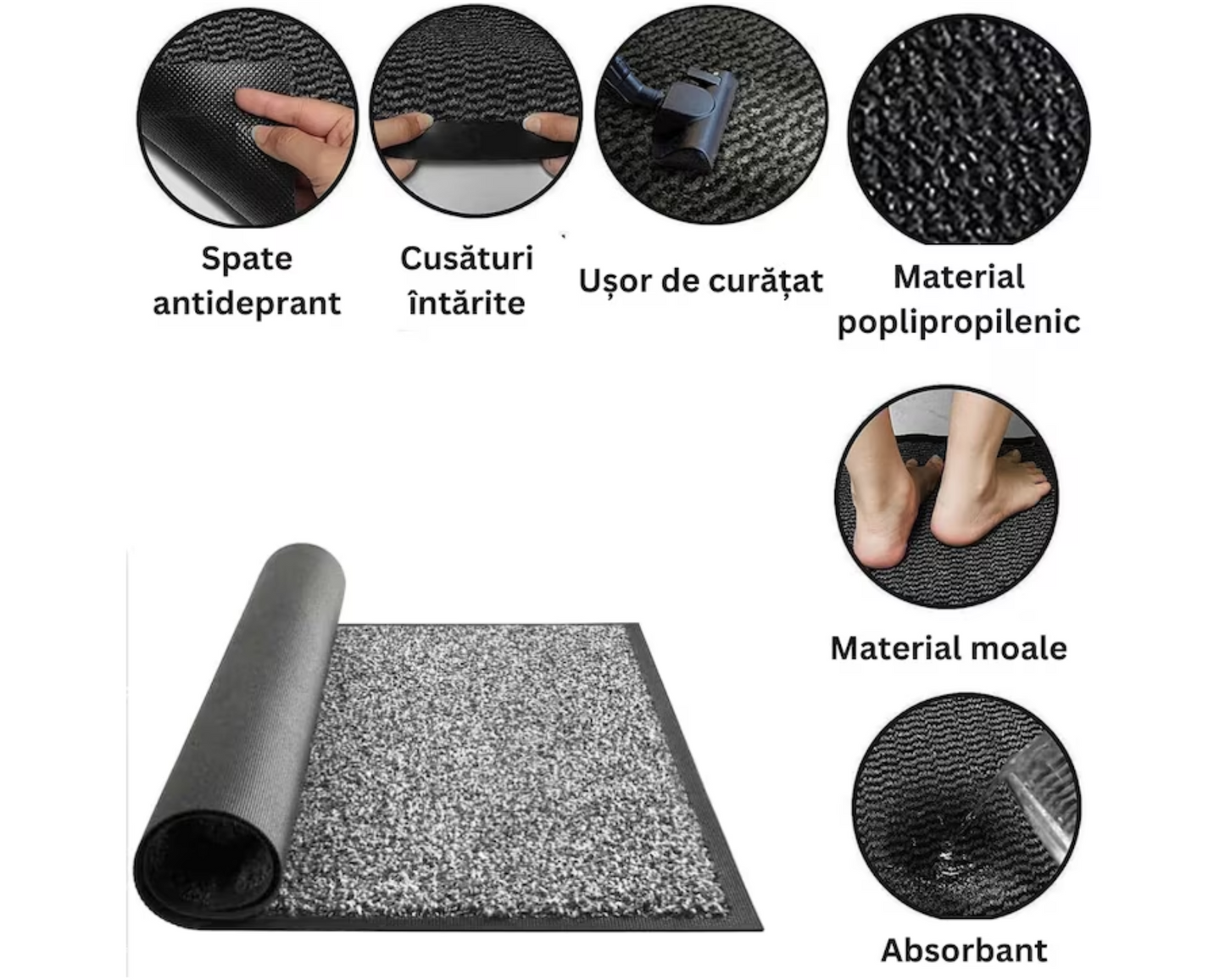 Covoras intrare antiderapant -mocheta si cauciuc-  gri deschis - 90x150cm