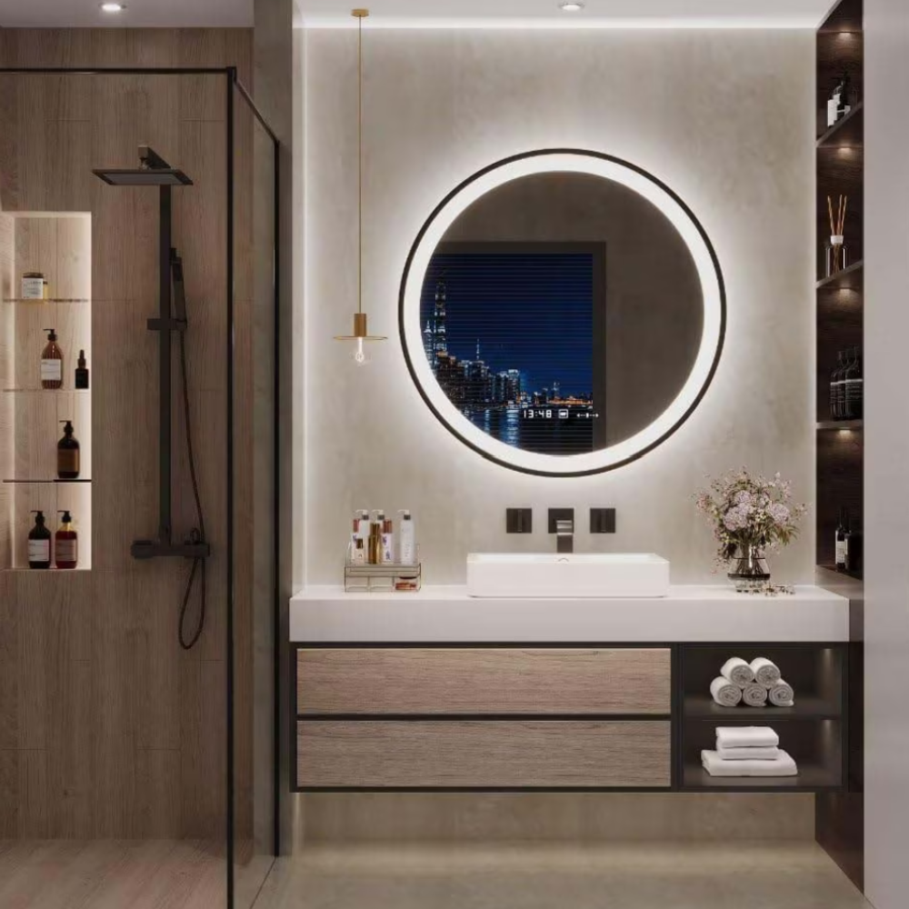 Oglinda LED Colectia Marcello Funghi Rotunda, cu Functie Dezaburire si Sistem Touch, Neagra, W11 60X60CM