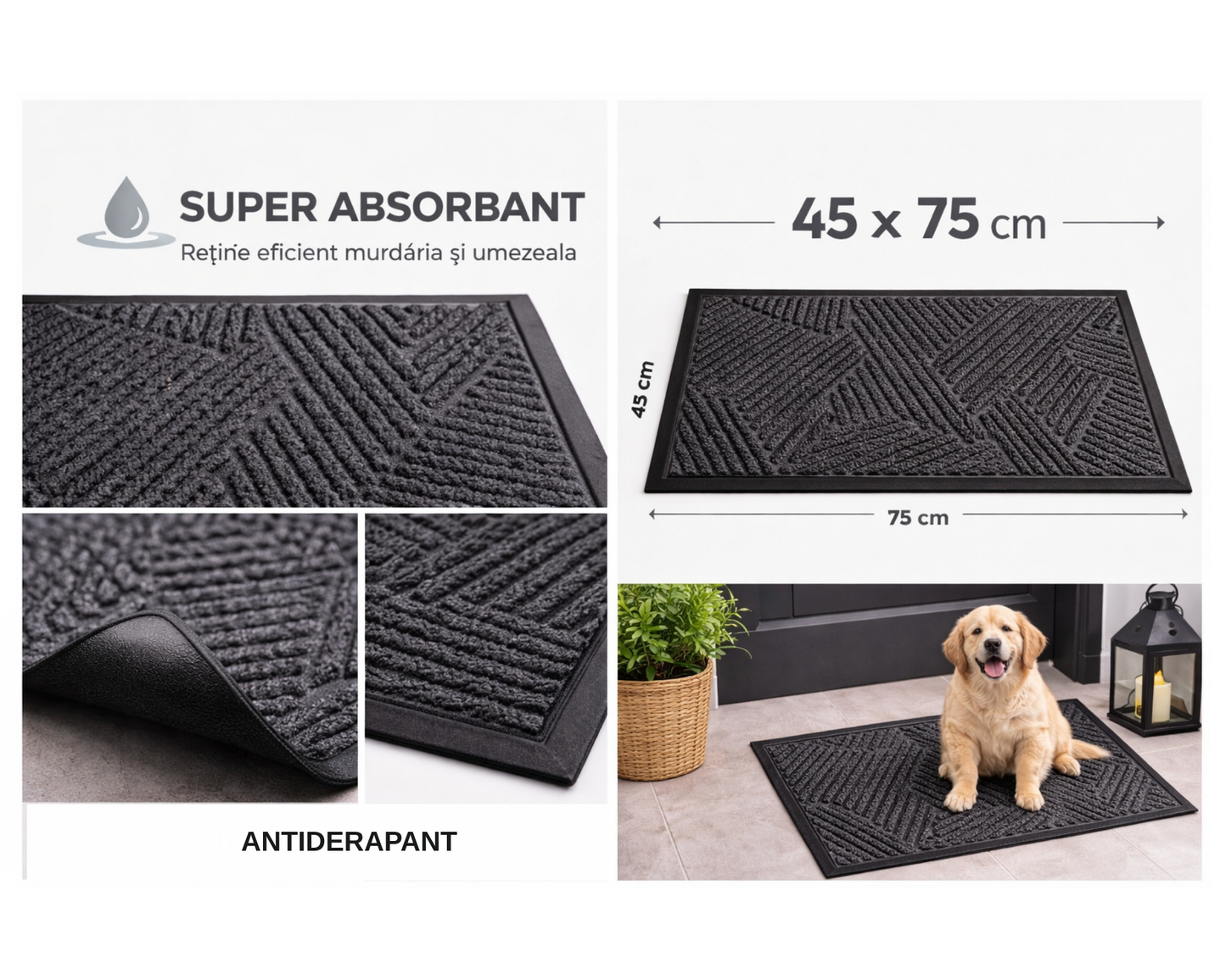 Covoras intrare gri 75x45 cm, ®OPTIMDEKO, antiderapant, rezistent, absorbtie murdarie si apa, interior/exterior, CR178 Gri