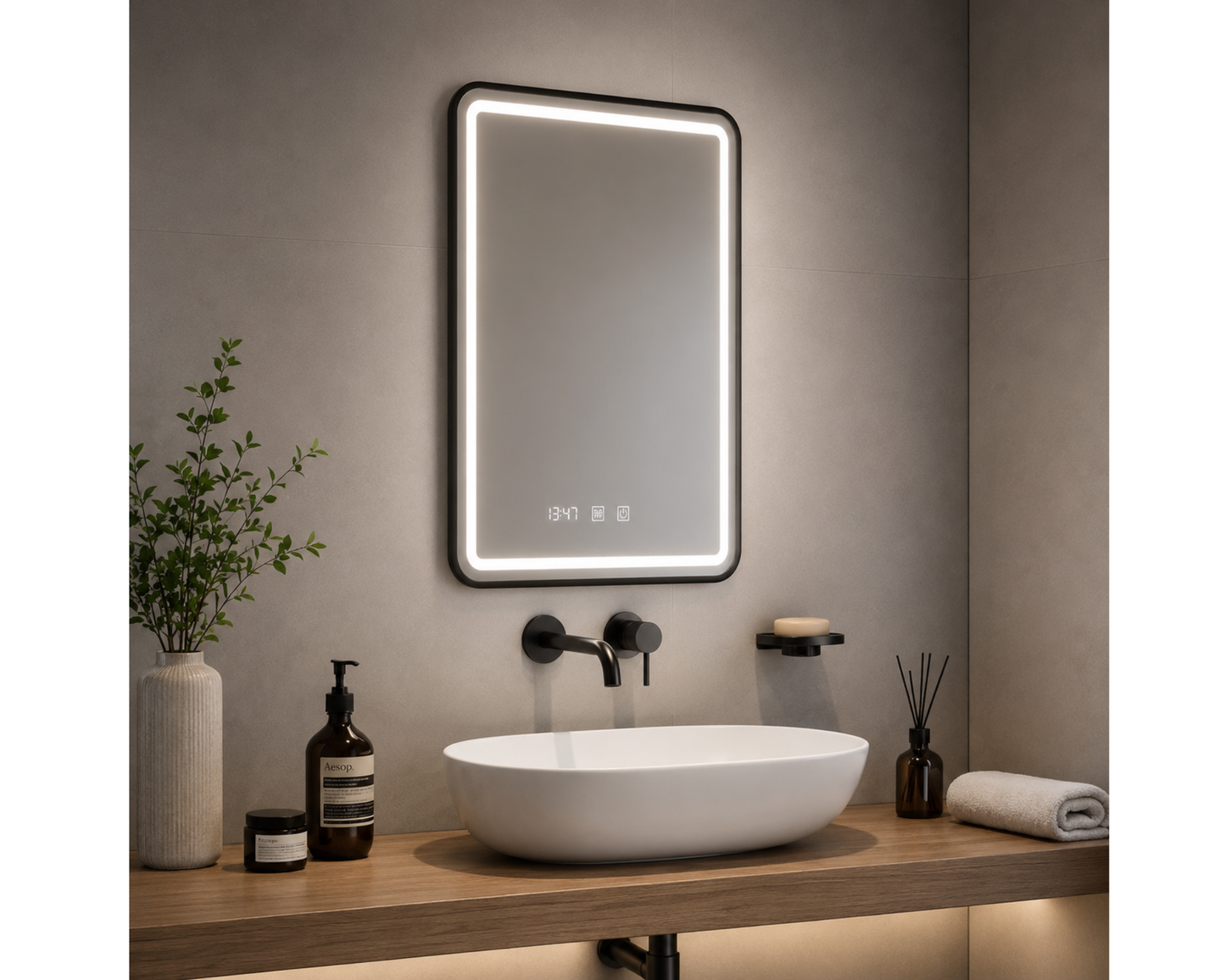 Oglindă LED Touch 60x80 cm cu Funcție Dezaburire, Ceas, Termometru și Ramă Negru Brushed – Colecția Korman