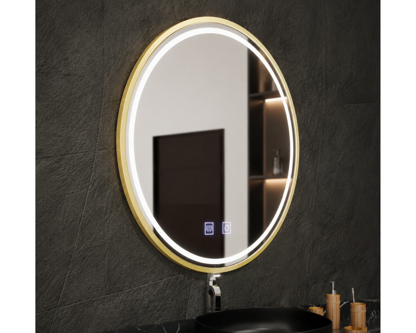 Oglinda LED Rotunda cu Functie Dezaburire si Sistem Touch, Auriu Periat E04/70x70cm