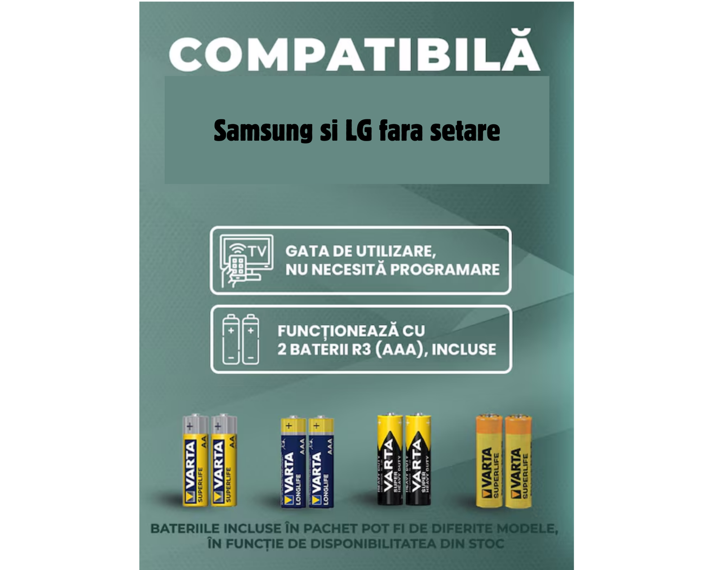 Telecomanda tv universala, Compatibila Samsung, Acopera 100% gama SAMSUNG si LG, LCD si LED, Smart, baterii incluse