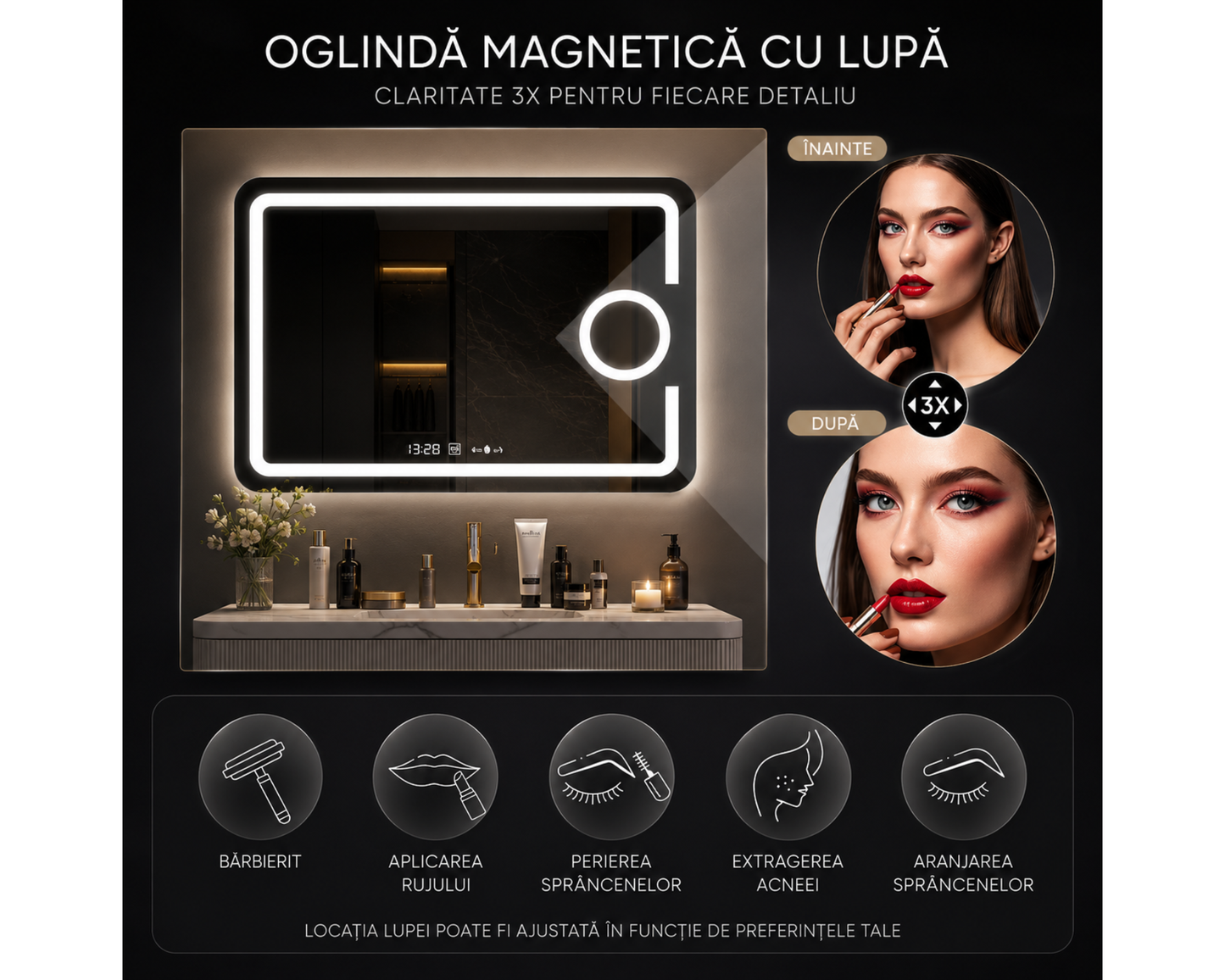 Oglinda LED Dreptunghiulara, cu Functie Dezaburire, Lupa Cosmetica si Sistem Touch, Colectia Marcello Funghi, W05 80x60cm