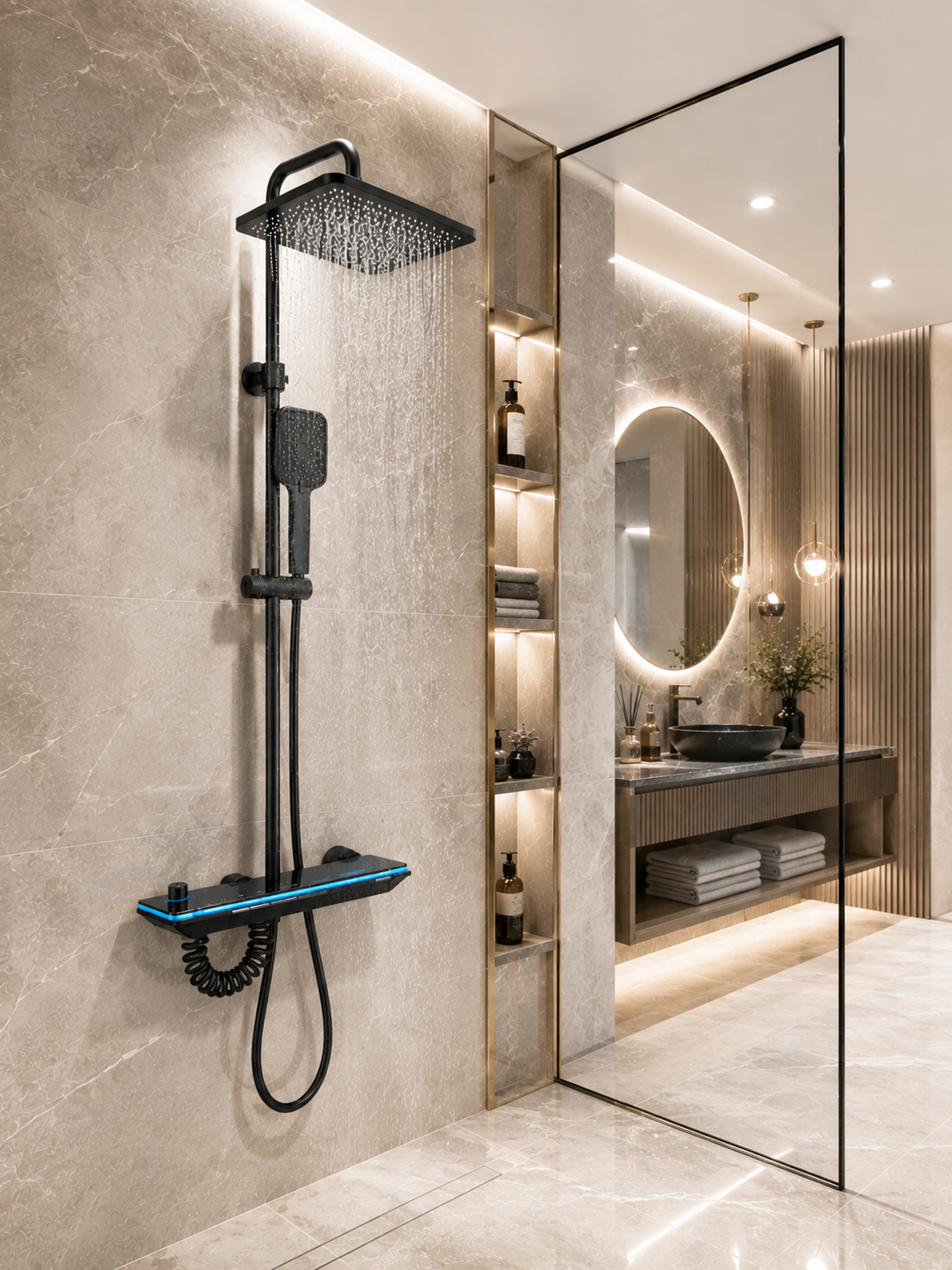 Coloana de dus MARX, Metal, Para Patrata, Efect Ploaie, 3 Functii, Montare Pe Perete, Negru, Accesorii Incluse