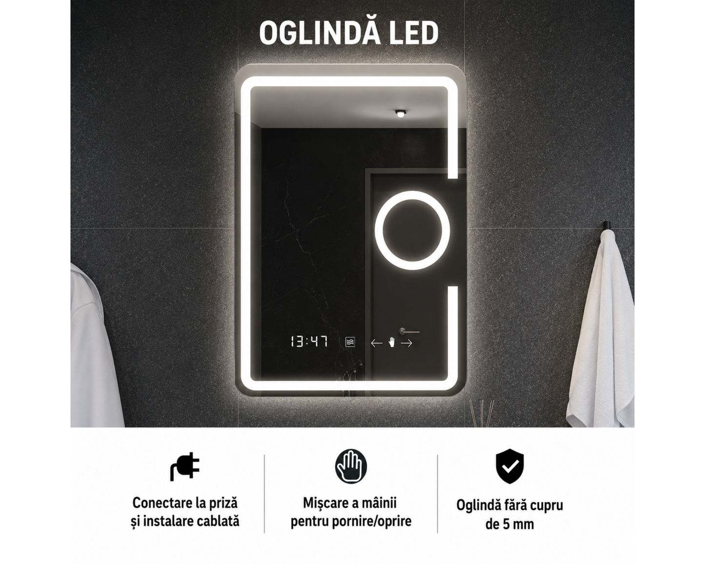Oglinda LED Dreptunghiulara, cu Functie Dezaburire, Lupa Cosmetica si Sistem Touch, Colectia Marcello Funghi, W05 60x80cm