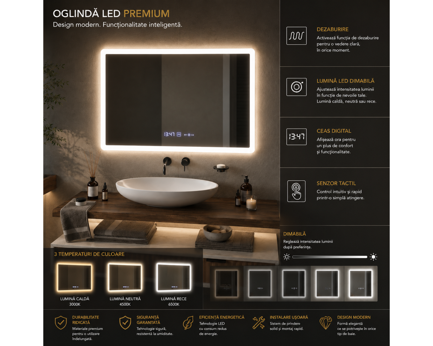 Oglinda LED Colectia Marcello Funghi Dreptunghiulara cu Functie Dezaburire si Sistem Touch, Ceas si Termometru, W21/80x60cm
