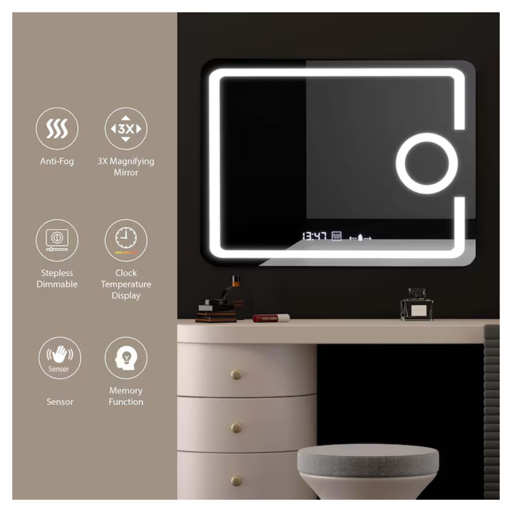 Oglinda LED Dreptunghiulara, cu Functie Dezaburire, Lupa Cosmetica si Sistem Touch, Colectia Marcello Funghi, w05 80x60cm