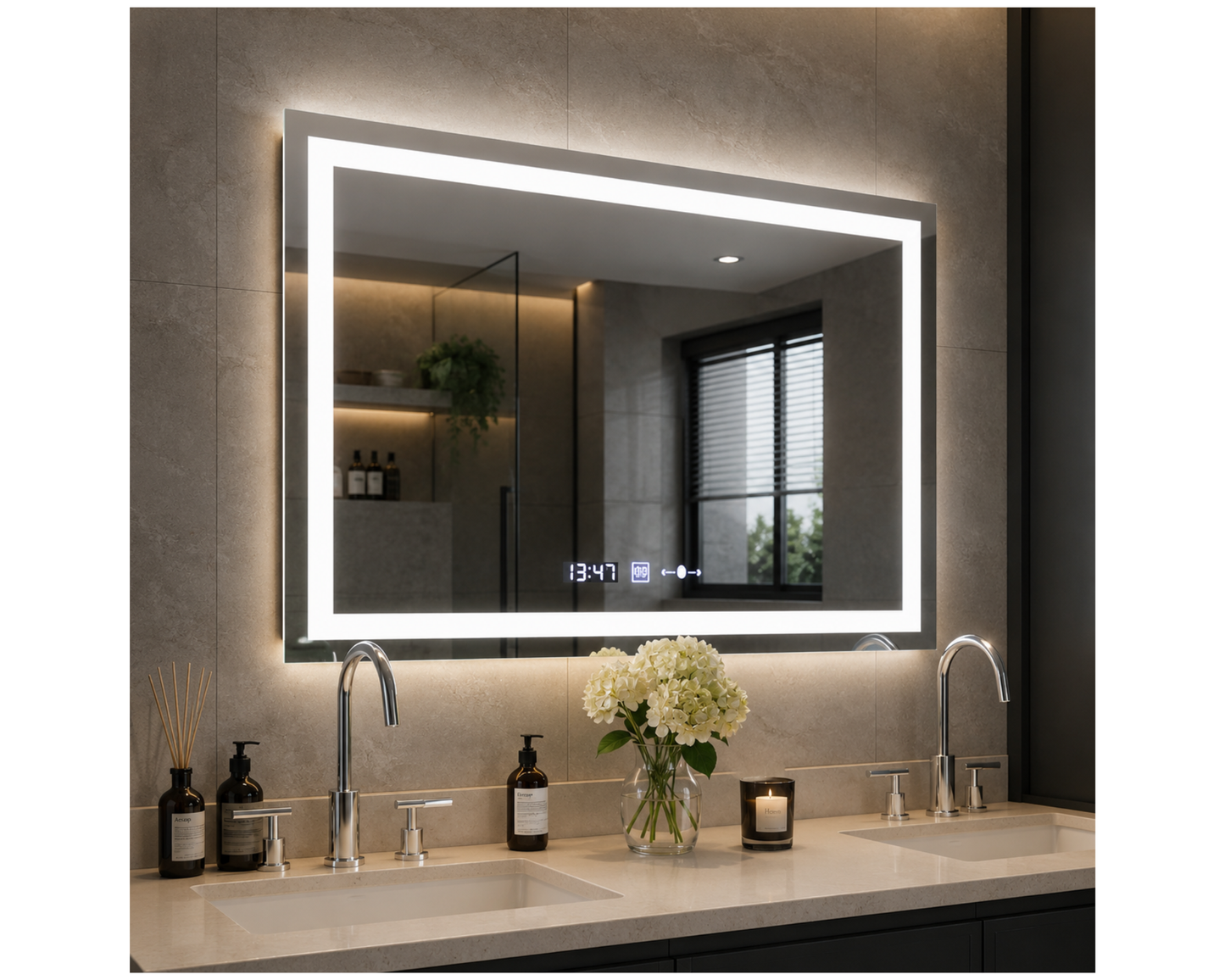 Oglinda Led Dreptunghiulara, cu Functie Dezaburire si Sistem Touch, Ceas si Termometru W09/80x60 cm
