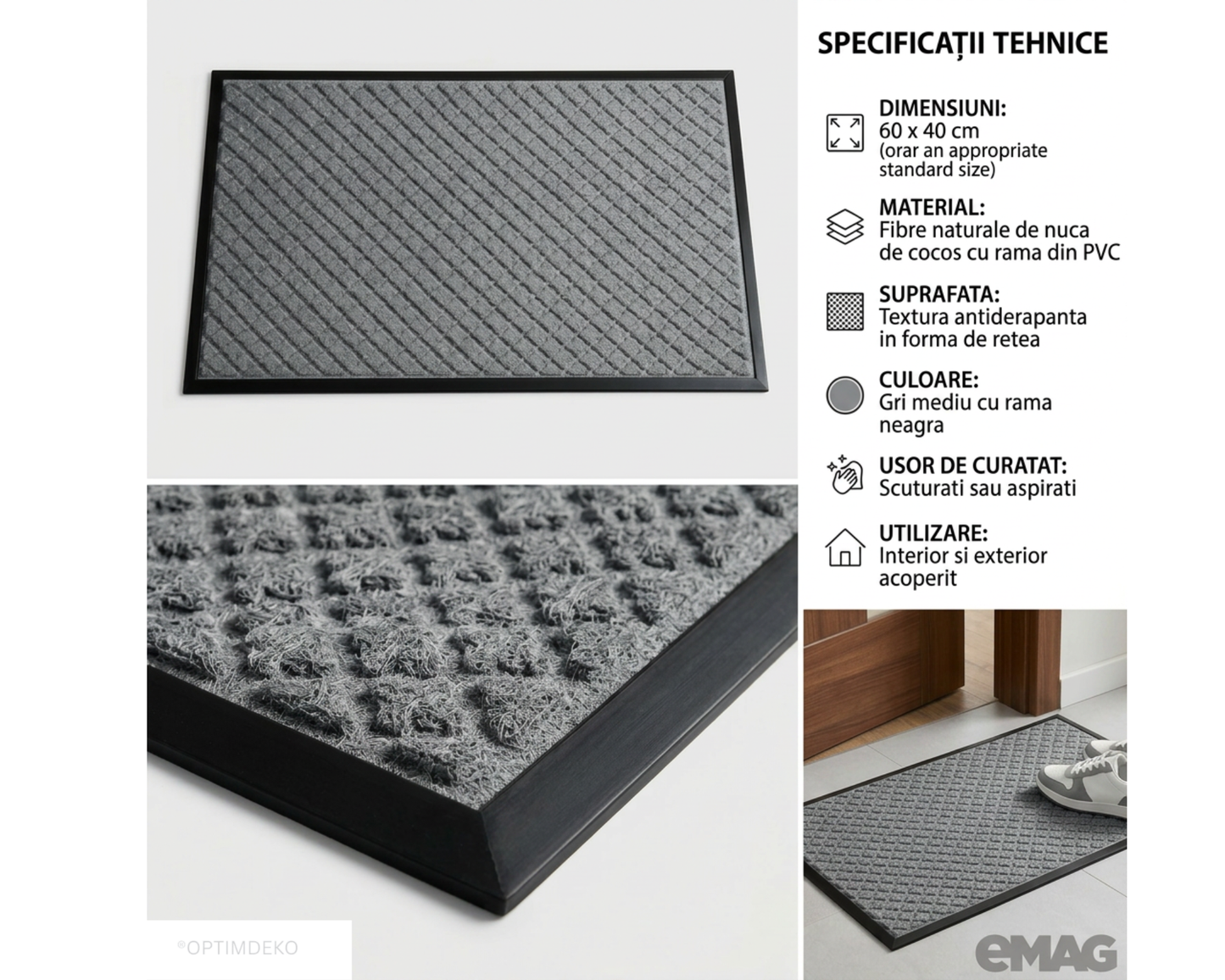 Covoras intrare gri 75x45 cm, ®OPTIMDEKO, antiderapant, rezistent, absorbtie murdarie si apa, interior/exterior, CR097 Gri