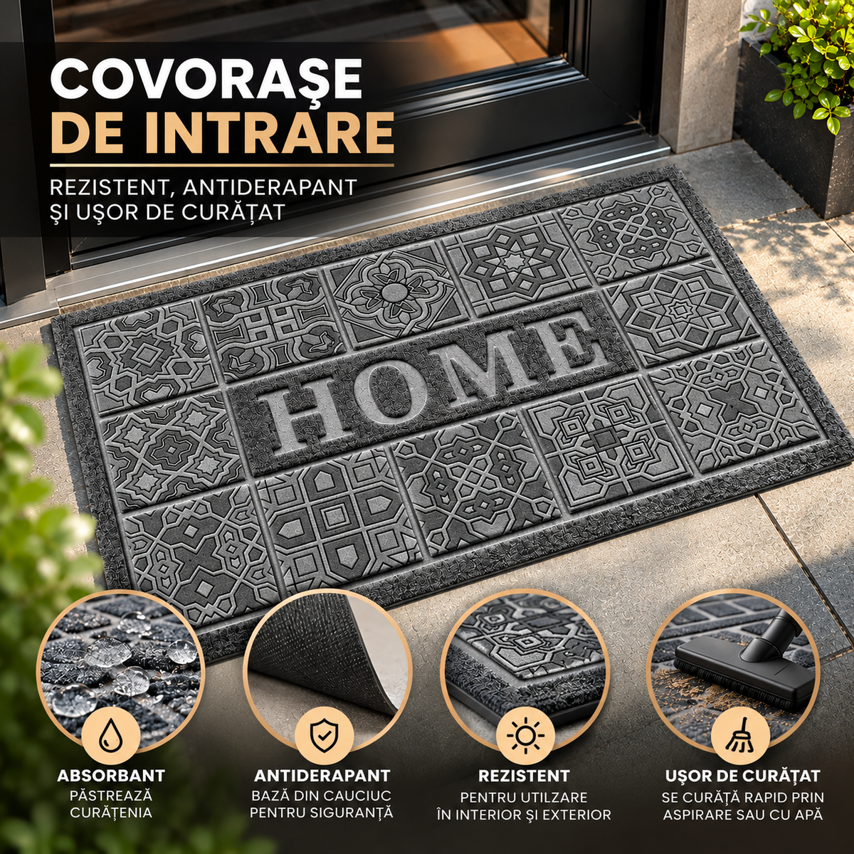 Covoras de intrare HOME, antiderapant, rezistent si decorativ ®OPTIMDEKO, 75 x 43 cm, Gri Mono
