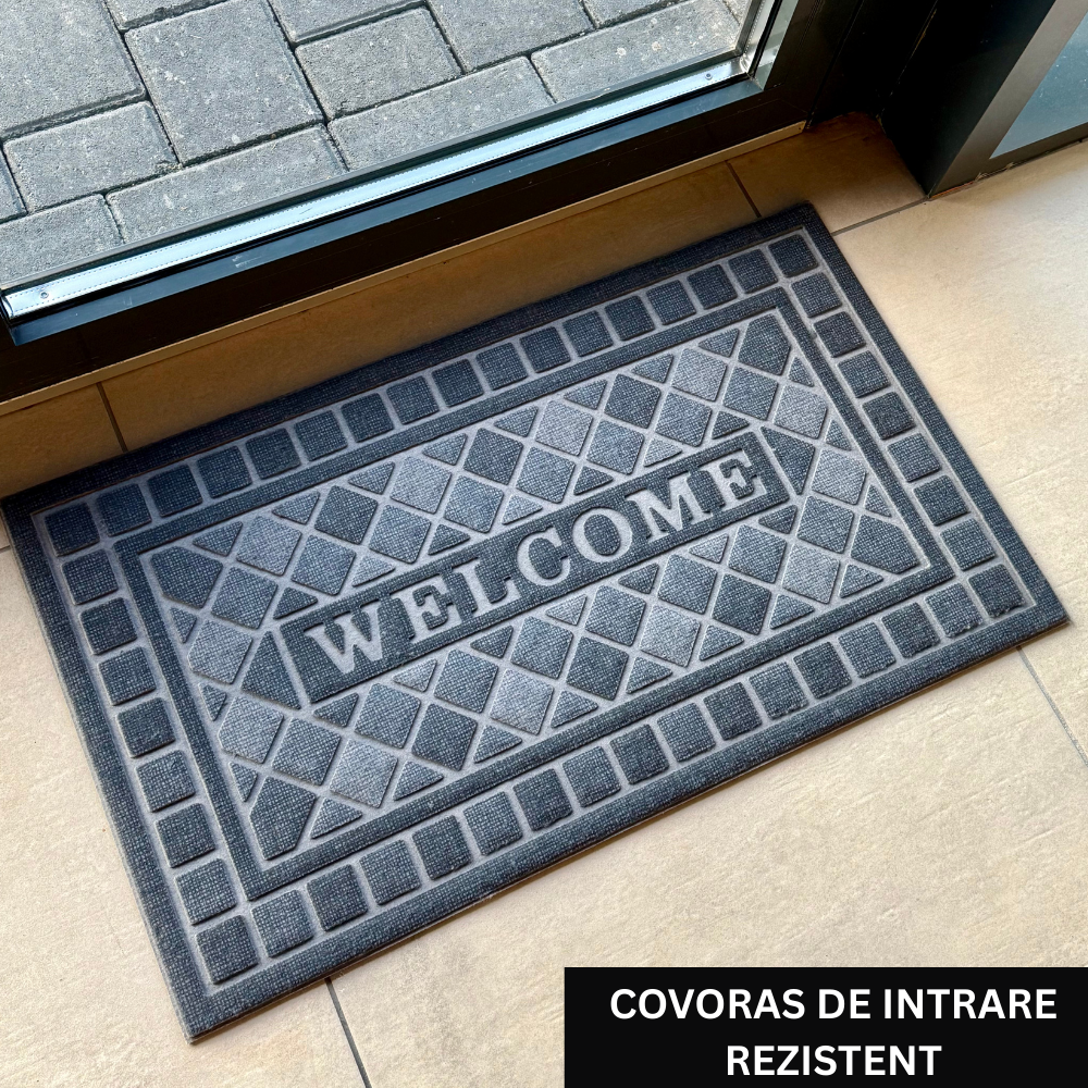 Covoras de intrare WELCOME, ®OPTIMDEKO, antiderapant, rezistent si decorativ, 75 x 43 cm, gri inchis