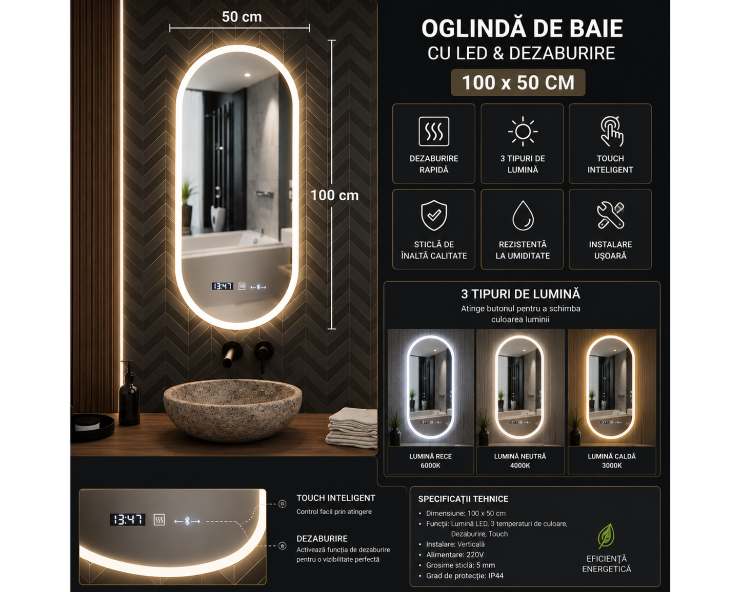 Oglinda LED Ovala Colectia Marcello Funghi cu Functie Dezaburire si Sistem Touch, model D045, 50x100cm