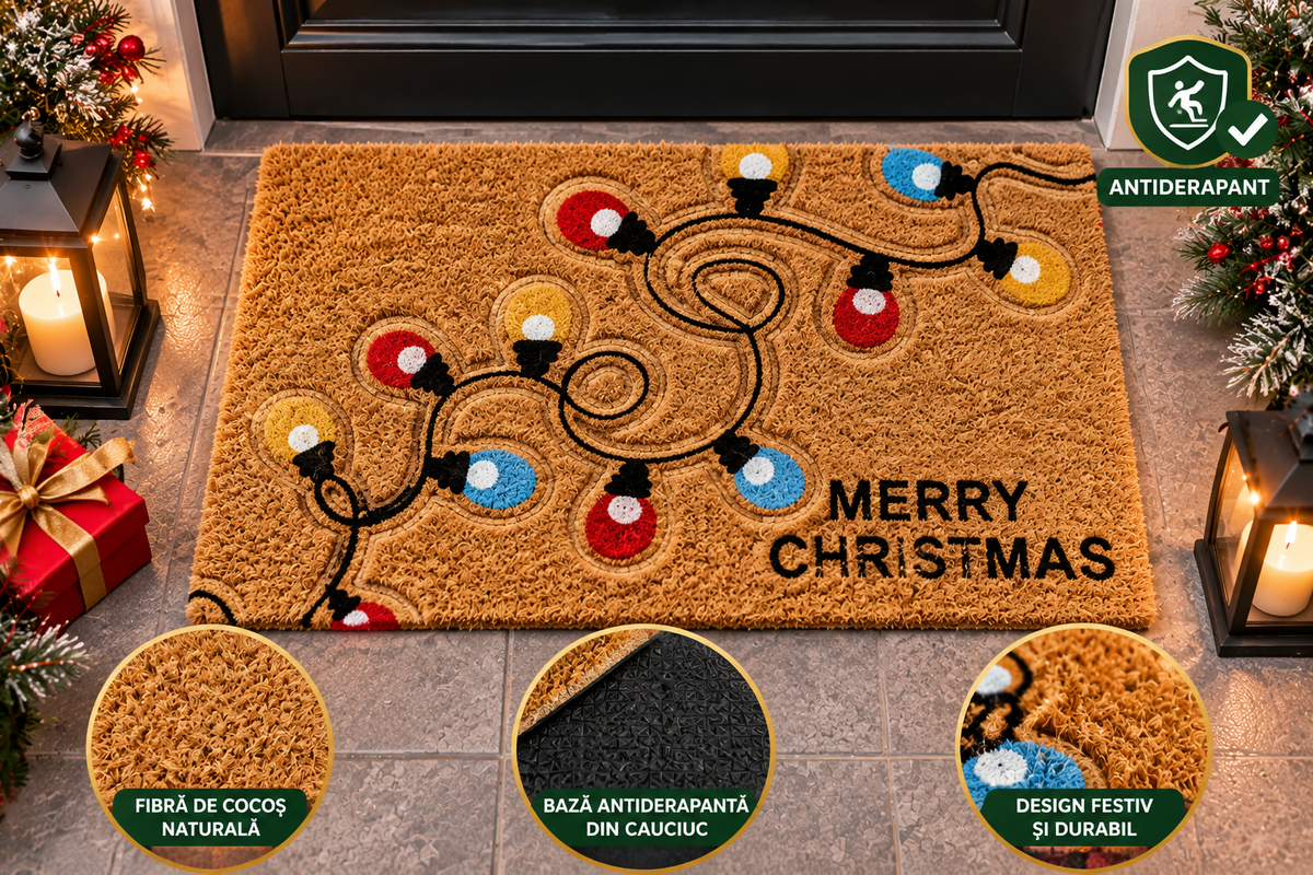 Covoras intrare Craciun, fibra cocos si cauciuc, DM141, Merry Christmas, 75x45 cm