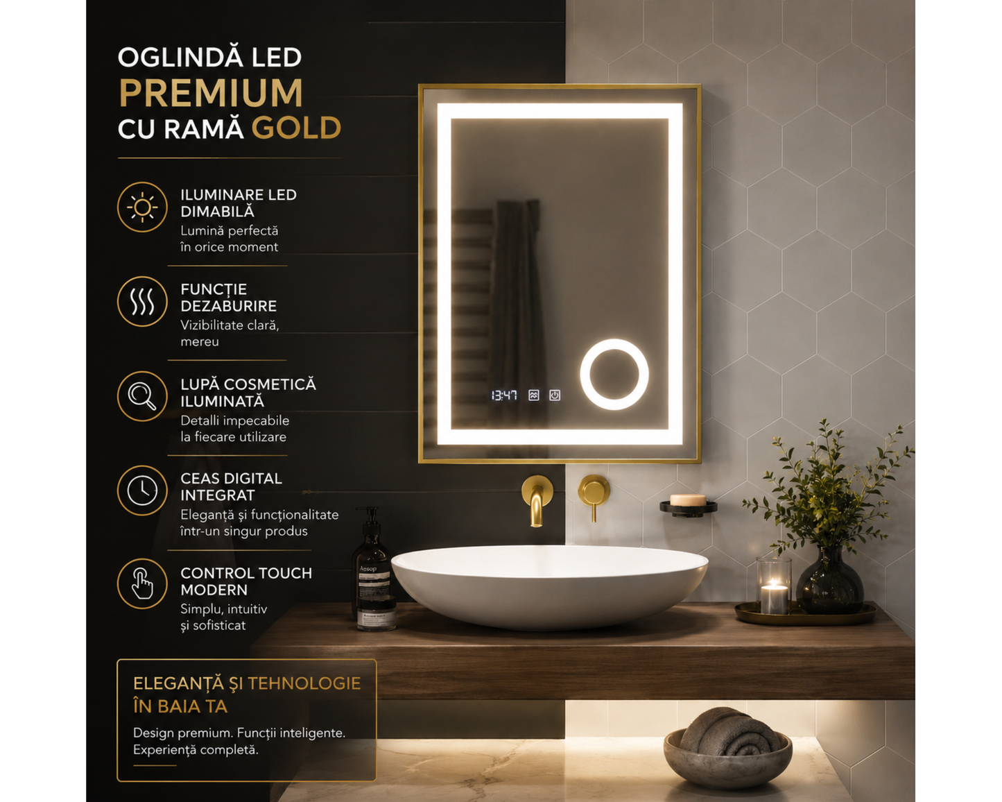 Oglindă LED Touch S81/60x80 cm cu Funcție Dezaburire, Ceas, Termometru, Lupă Cosmetică și Ramă Auriu Brushed – Colecția Korman, model Clarus