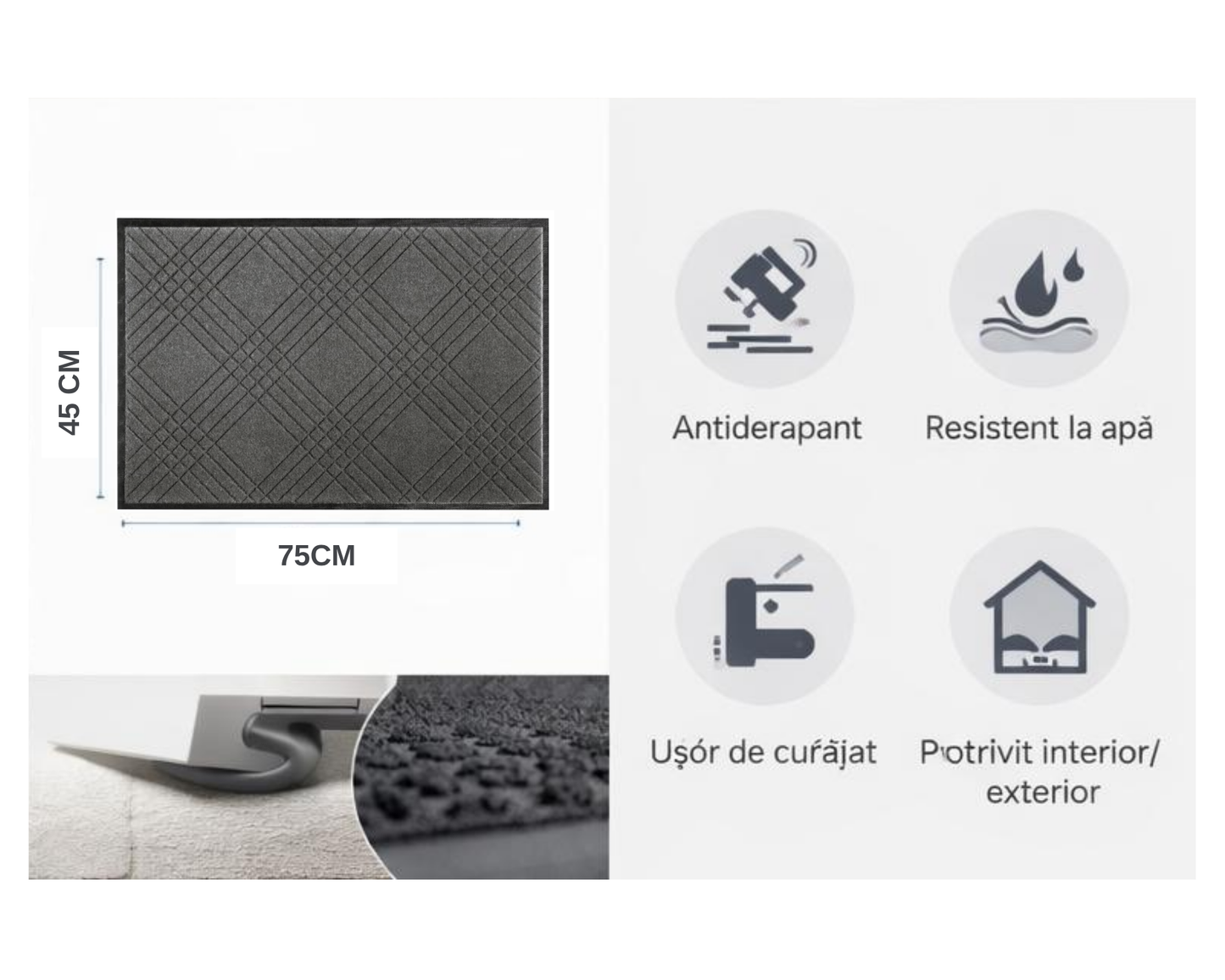 Covoras de intrare 75x45 cm, absorbant, antiderapant, cu model modern, gri, ®OPTIMDEKO TR208