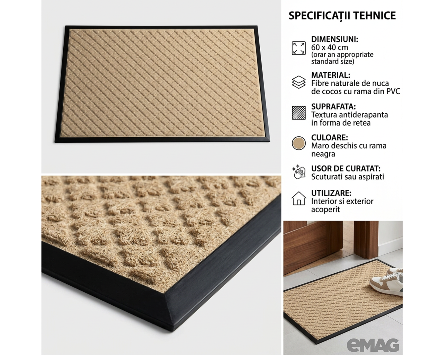 Covoras intrare gri 75x45 cm, ®OPTIMDEKO, antiderapant, rezistent, absorbtie murdarie si apa, interior/exterior, CR097 Crem