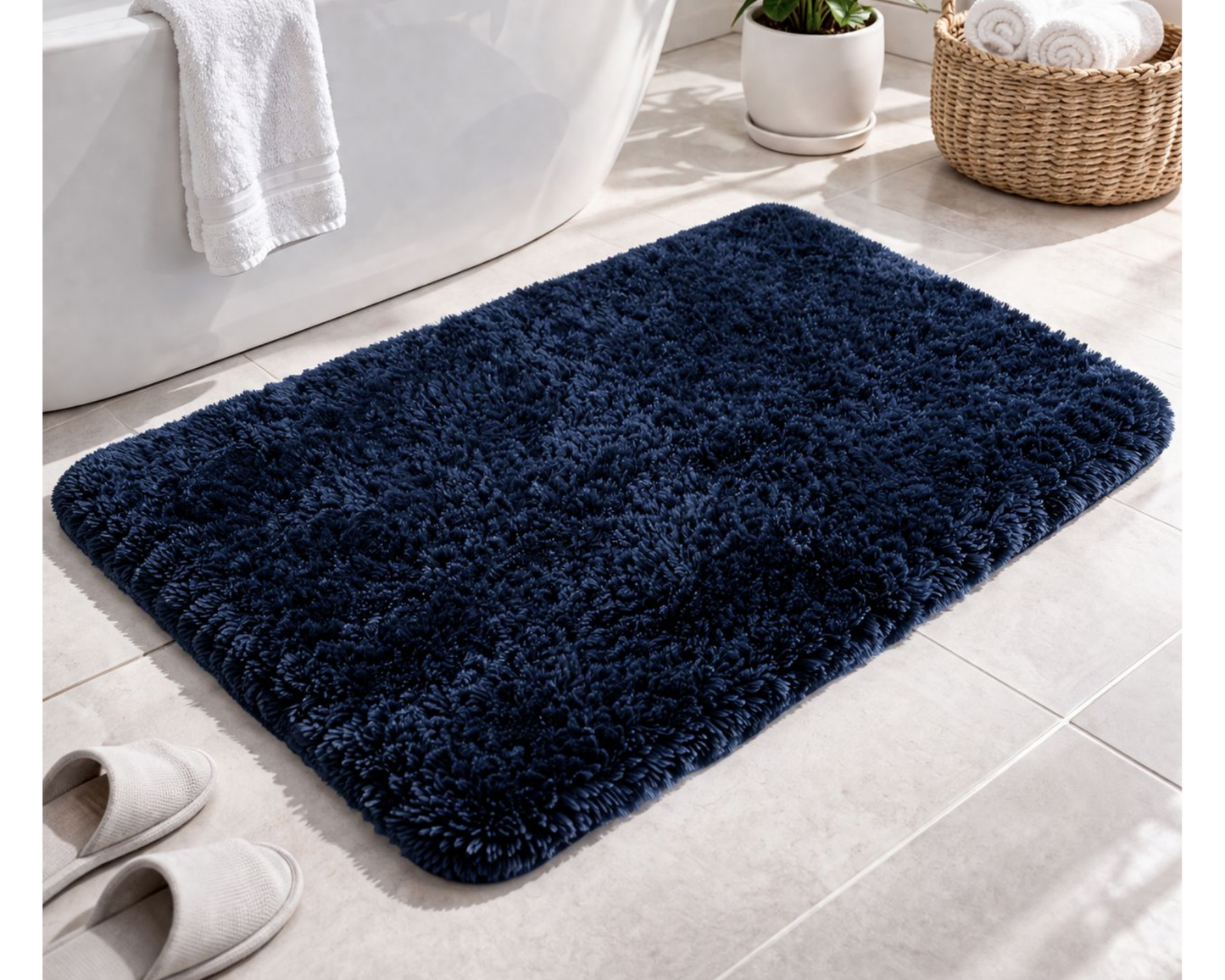 Covoras baie pufos, 90 x 60 cm, ultra absorbant si antiderapant - microfibra foarte moale, Albastru Inchis ®OPTIMDEKO