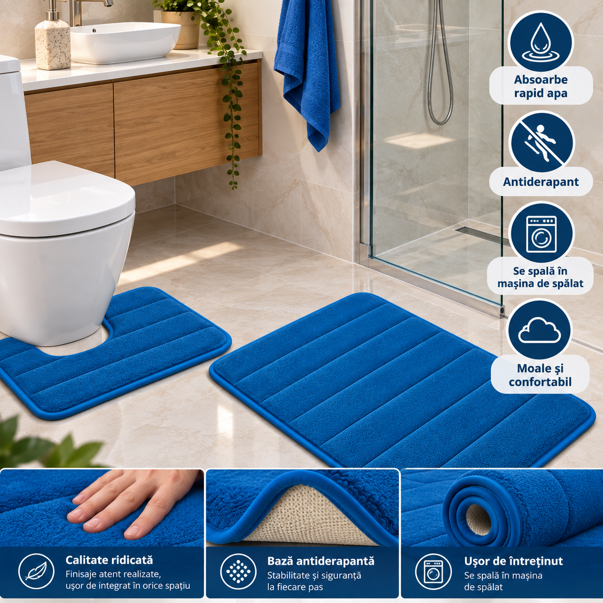Covorase de Baie ®OPTIMDEKO, Spuma cu Memorie, 80x50 cm + 50x40 cm, Suprafata Moale si Absorbanta, Antiderapante, Lavabile, pentru Baie si WC, Albastru