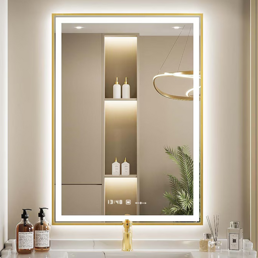 Oglinda LED Colectia Marcello Funghi Dreptunghiulara, cu Functie Dezaburire si Sistem Touch, Rama Aurie, model W10/60x80cm