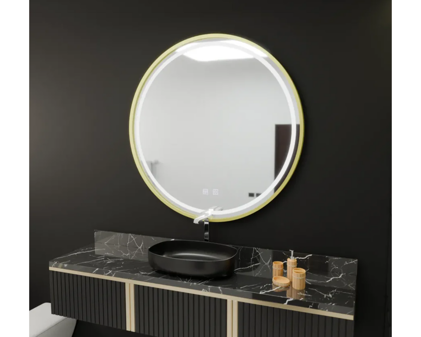 Oglinda LED Rotunda Anitta, din Colectia Marcello Funghi, cu Functie Dezaburire si Sistem Touch, Auriu Gold E04 70x70cm