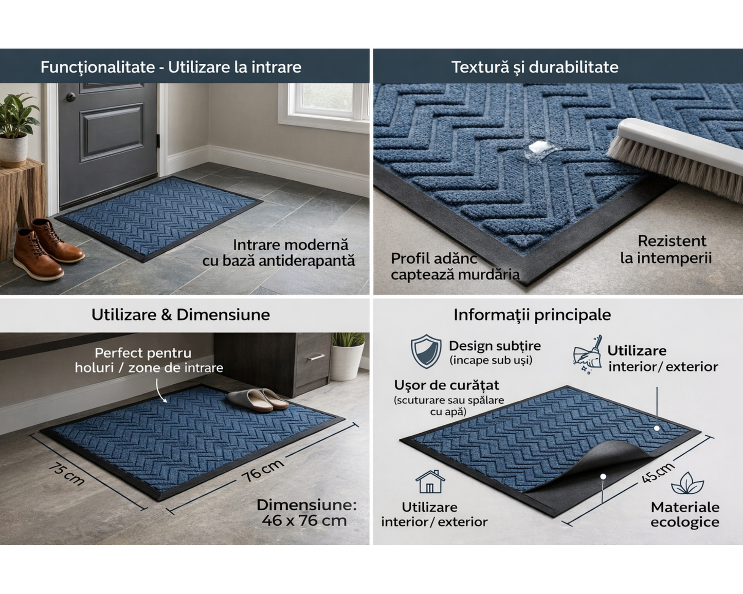 Covoras intrare gri 75x45 cm, ®OPTIMDEKO, antiderapant, rezistent, absorbtie murdarie si apa, interior/exterior, CR176 Albastru/Turcoaz