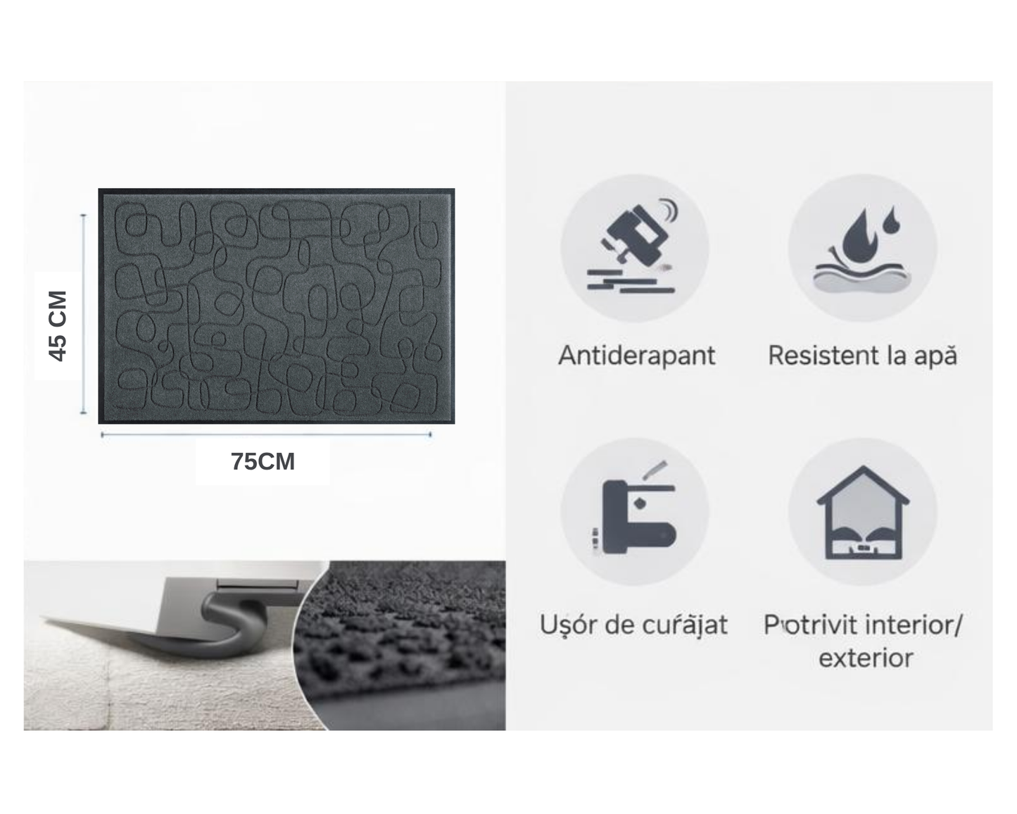 Covoras de intrare, 75x45 cm, absorbant, antiderapant, cu model modern si inscriptie, Spaghetti, ®OPTIMDEKO TR207