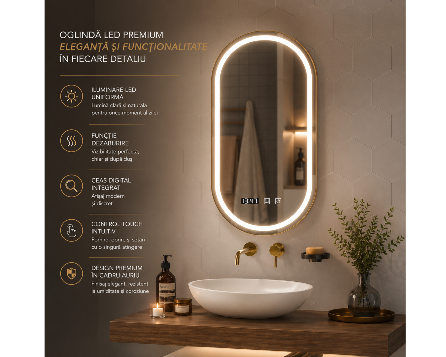 Oglindă LED Touch 50x80 cm cu Funcție Dezaburire, Ceas, Termometru și Ramă Auriu Brushed – Colecția Korman, model Konrad