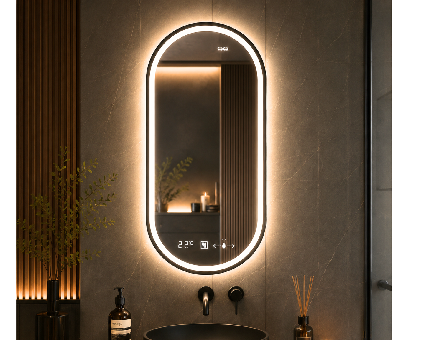 Oglinda LED din Colectia Marcello Funghi Ovala, cu Functie Dezaburire, Ceas, Termometru si Sistem Touch, model W14/60x80cm