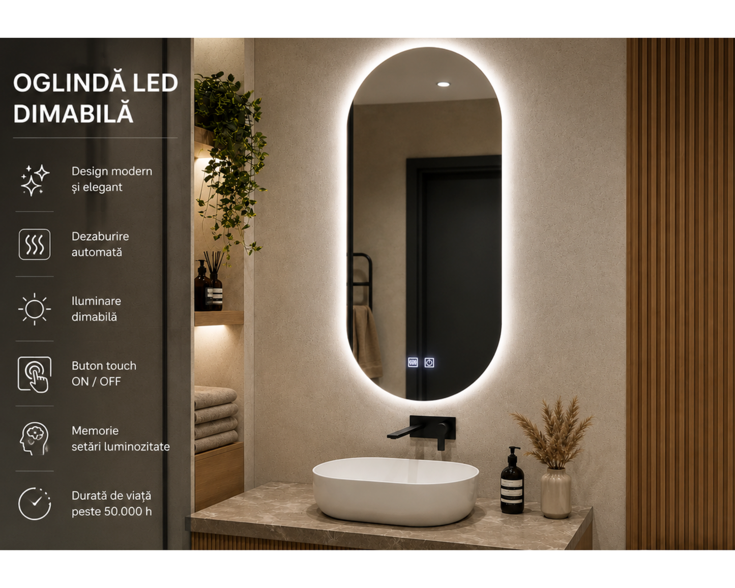 Oglinda LED din Colectia Marcello Funghi Ovala, cu Functie Dezaburire, Dimabila, Sistem Touch, model E14/50x100cm