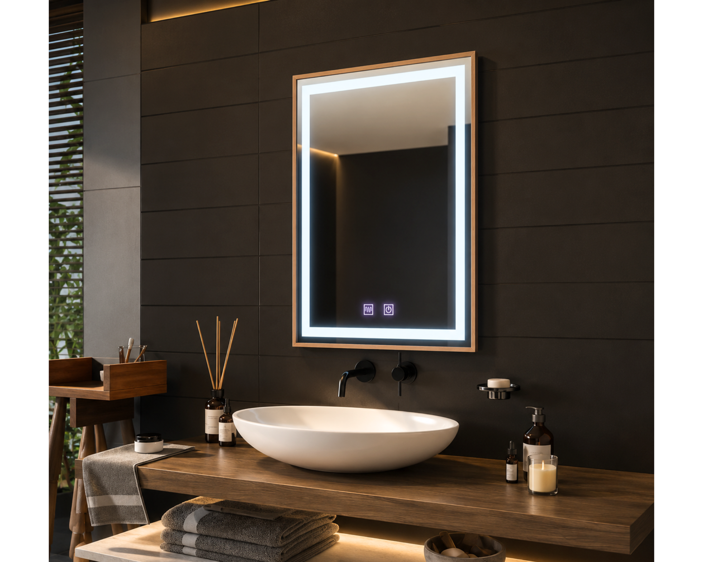 Oglinda LED Colectia Korman Technik Dreptunghiulara, cu Functie Dezaburire si Sistem Touch, Rama Aurie, model E10/60x80cm