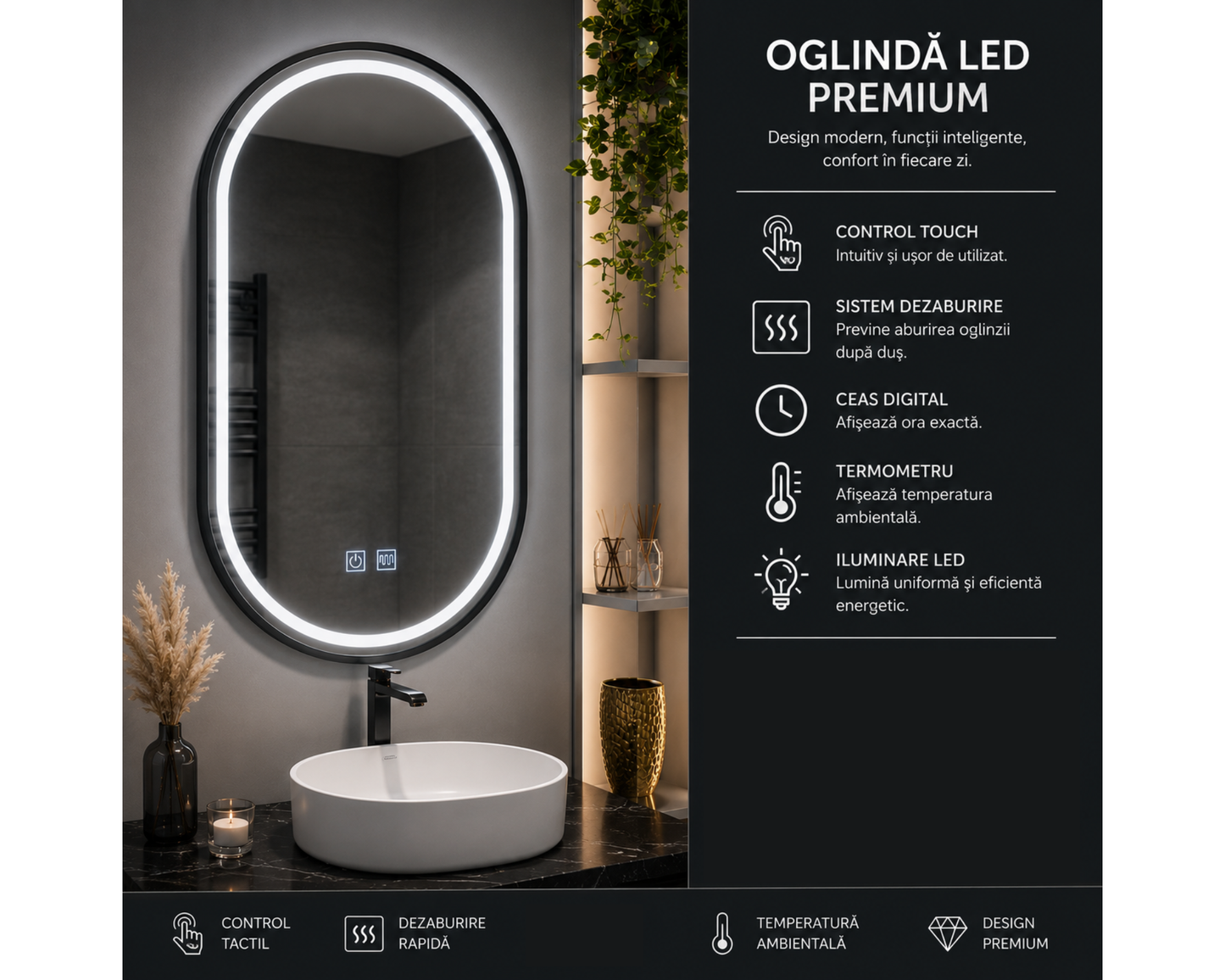 Oglinda LED din Colectia Marcello Funghi Ovala, cu Rama Neagra, si Functie Dezaburire, Dimabila, Sistem Touch, model E15/50x80cm