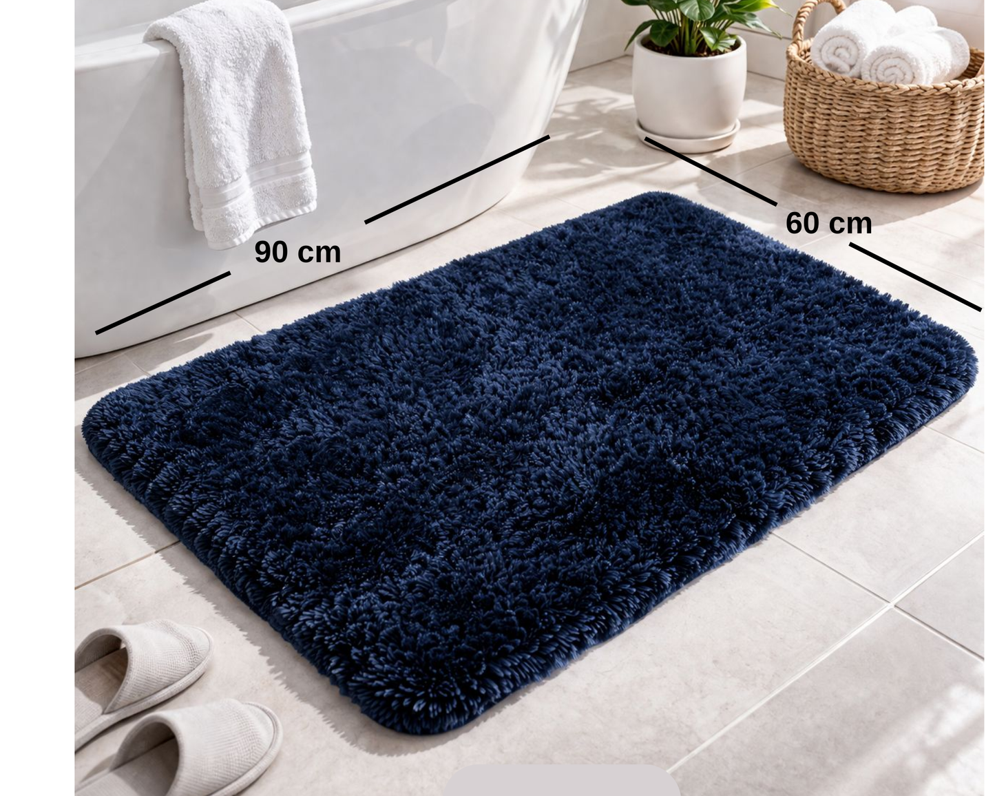 Covoras baie pufos, 90 x 60 cm, ultra absorbant si antiderapant - microfibra foarte moale, Albastru Inchis ®OPTIMDEKO