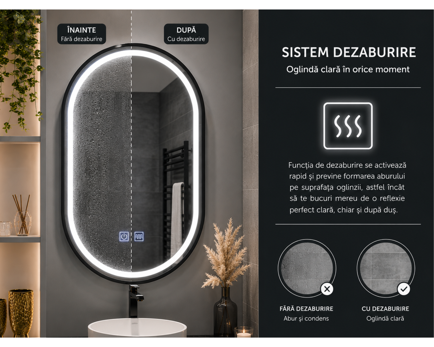 Oglinda LED din Colectia Marcello Funghi Ovala, cu Rama Neagra, si Functie Dezaburire, Dimabila, Sistem Touch, model E15/50x80cm