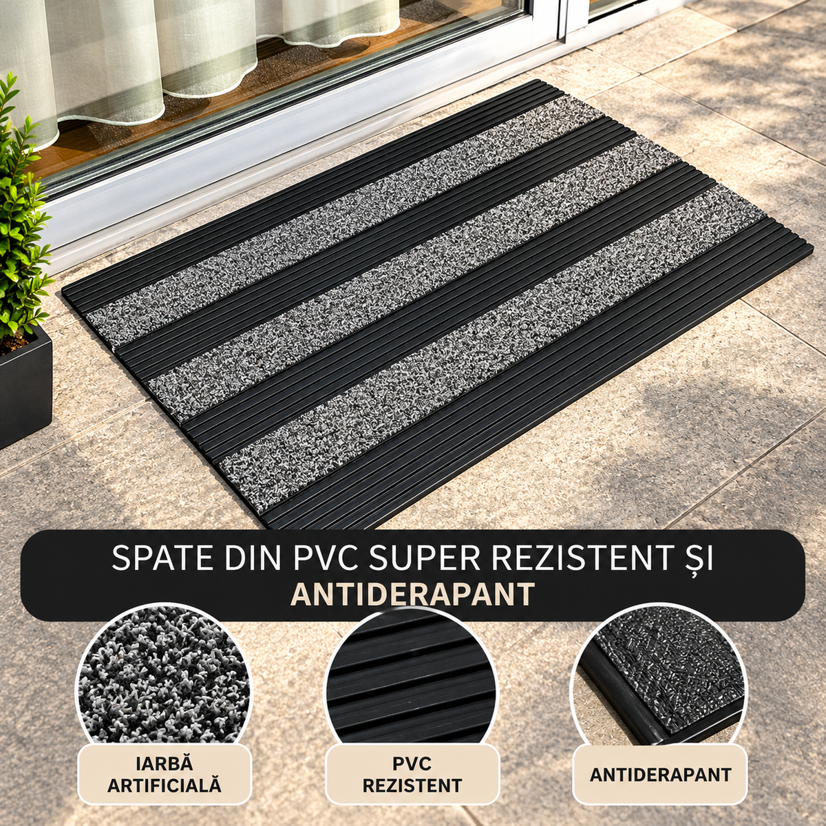Covoras intrare cauciuc si polietilena antiderapant, gri, DM06 - 75x45 cm