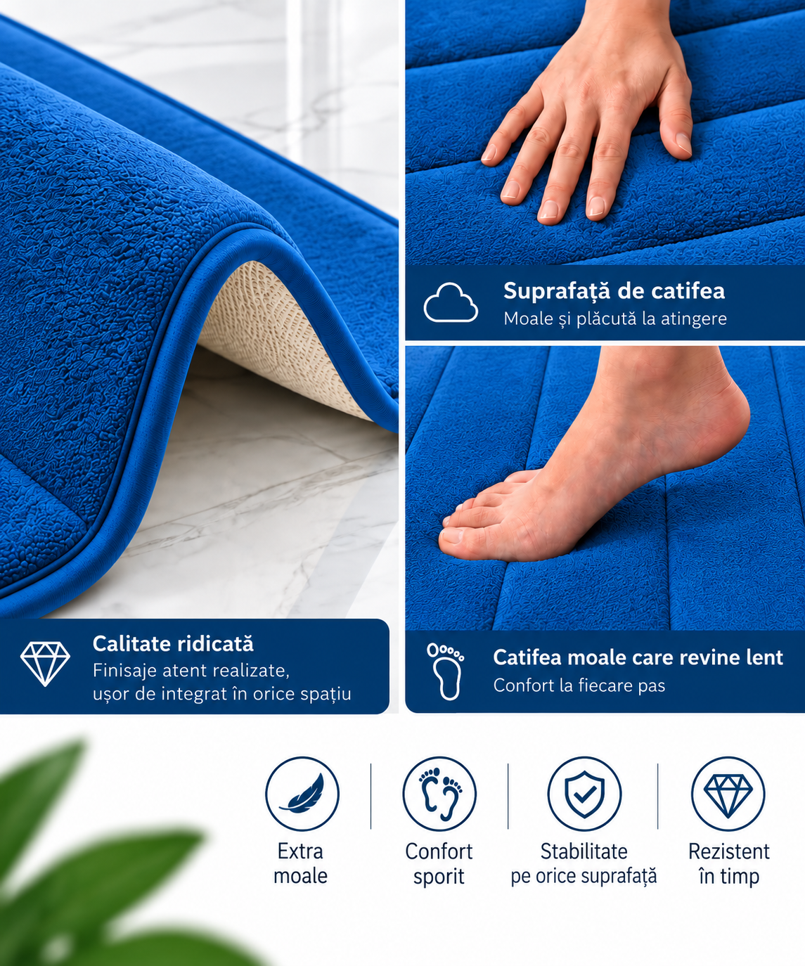Covorase de Baie ®OPTIMDEKO, Spuma cu Memorie, 80x50 cm + 50x40 cm, Suprafata Moale si Absorbanta, Antiderapante, Lavabile, pentru Baie si WC, Albastru