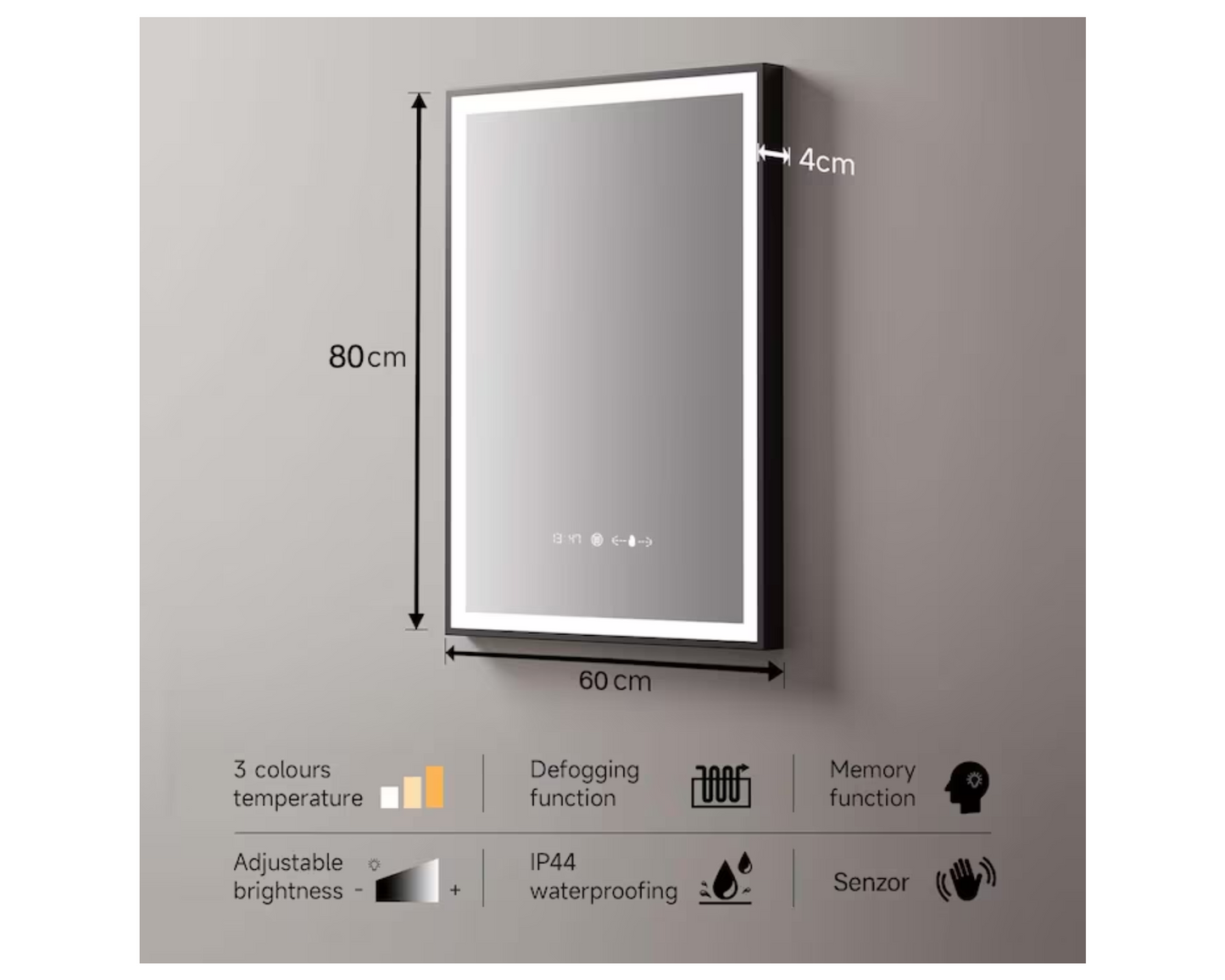 Oglinda LED Dreptunghiulara, cu Functie Dezaburire si Sistem Touch, Neagra, Colectia Marcello Funghi, model W03v 60x80cm