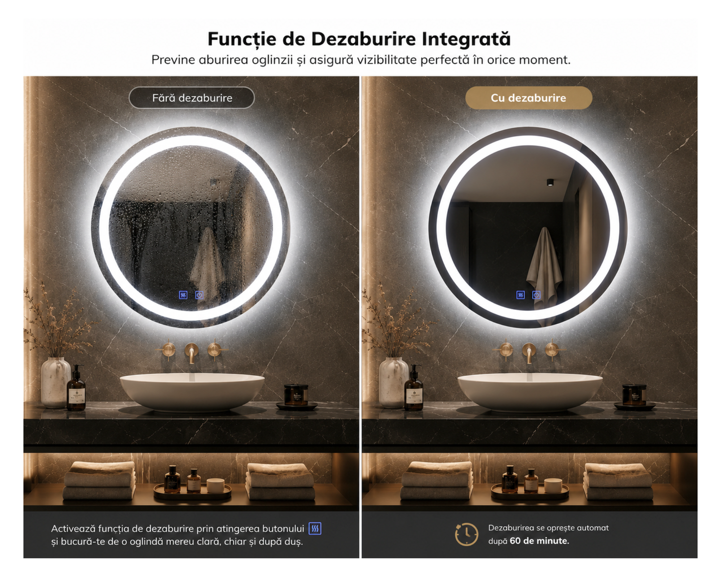 Oglinda LED Rotunda, din Colectia Korman Technik, cu Functie Dezaburire si Sistem Touch E01/60x60cm - 60x60cm