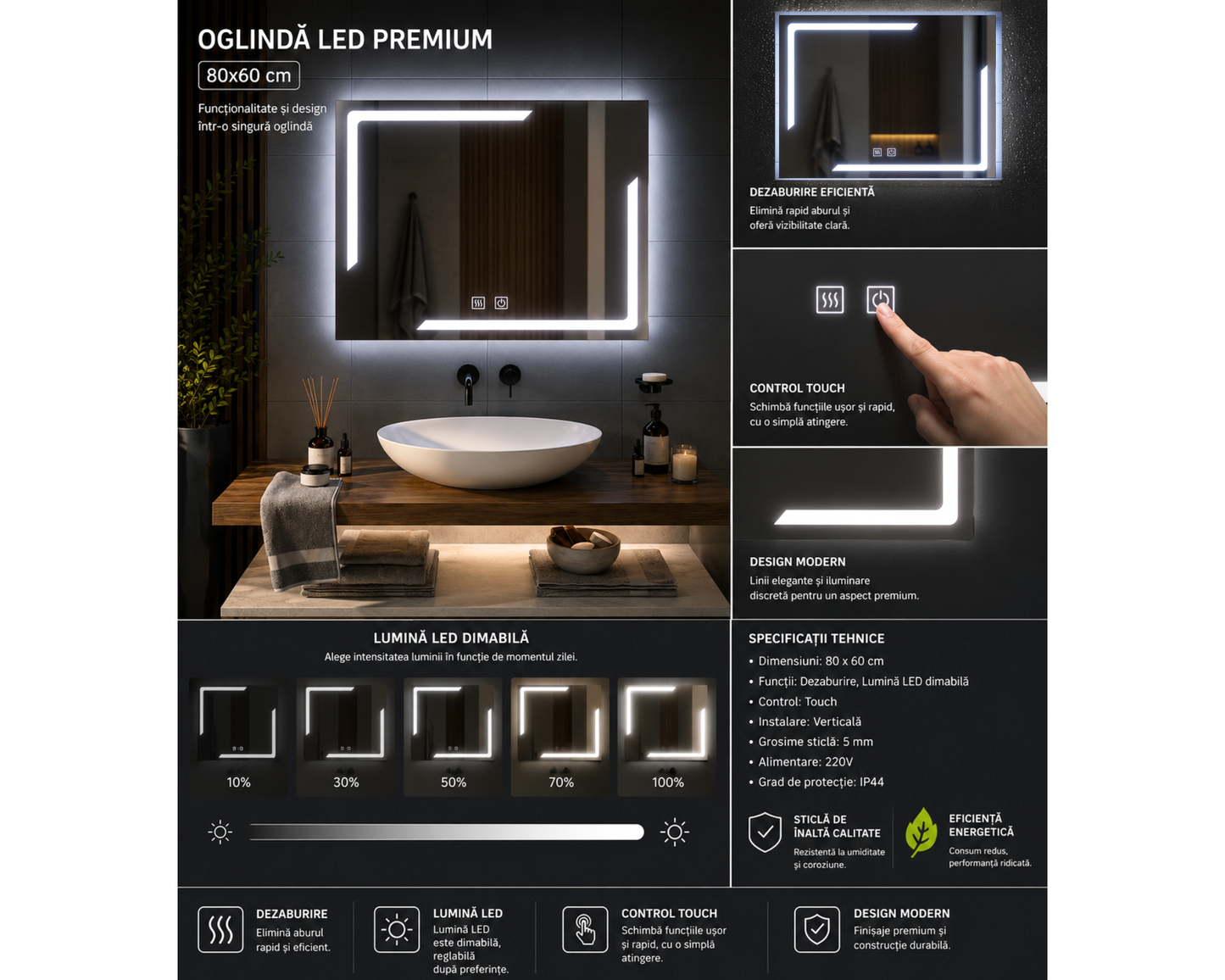 Oglinda Led Dreptunghiulara Touch, cu Functie Dezaburire E38/80x60cm