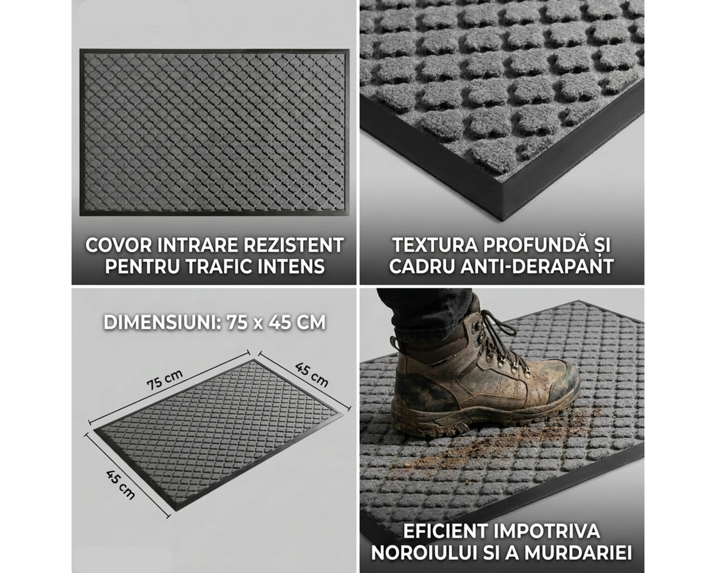 Covoras intrare gri 75x45 cm, ®OPTIMDEKO, antiderapant, rezistent, absorbtie murdarie si apa, interior/exterior, CR097 Gri