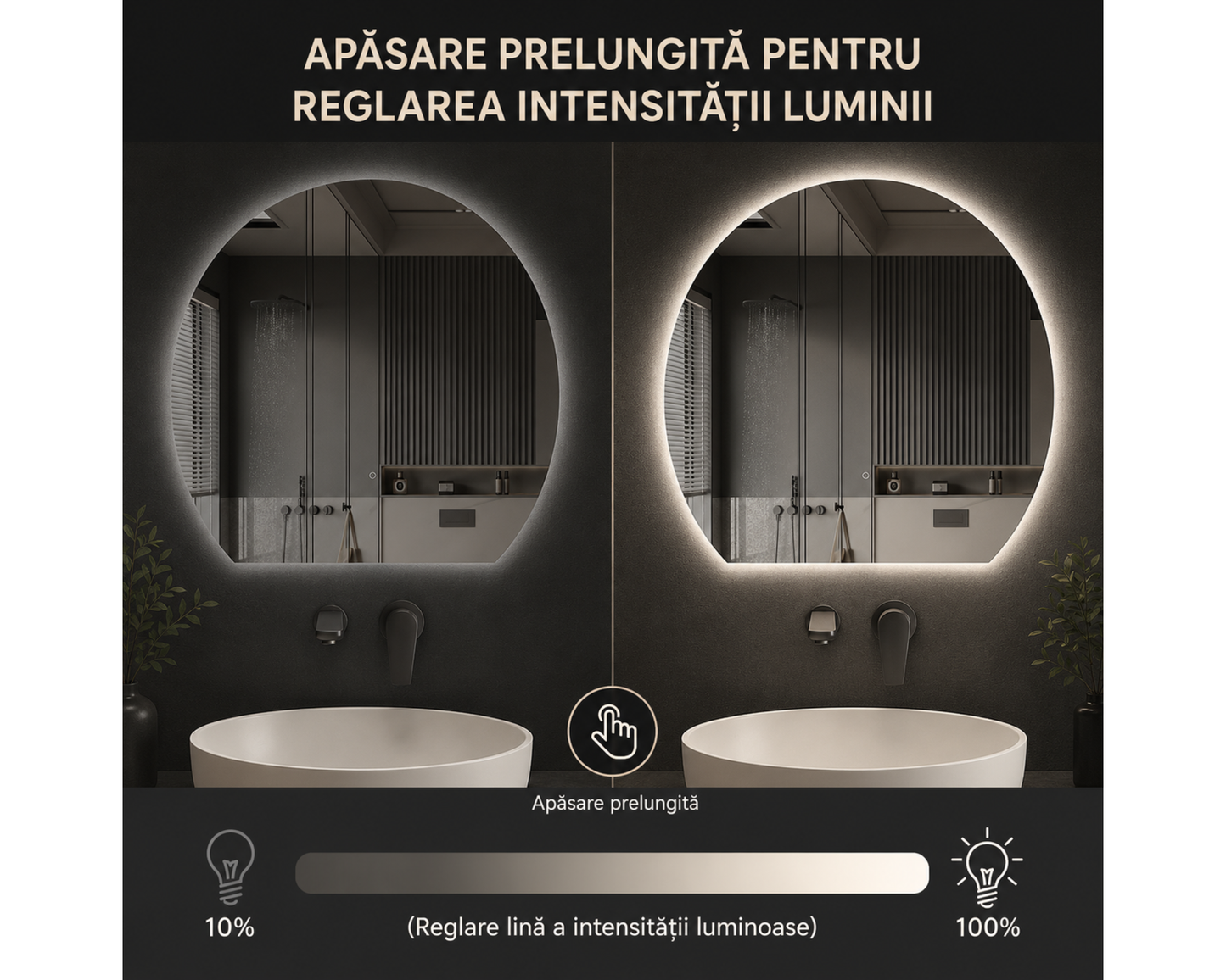 Oglindă LED Semilună  E52/54x60 cm Arcana Touch cu Funcție Dezaburire și Iluminare LED Dimabilă