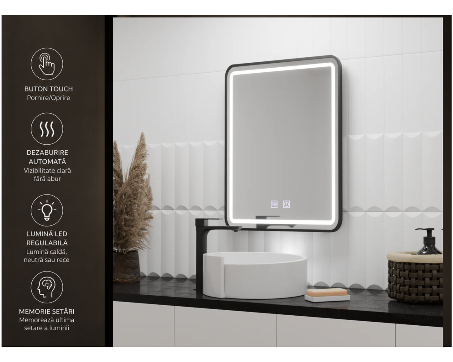 Oglinda LED Touch, Rama Neagra si Dezaburire, E03/60x80 cm, Colectia Korman Technik