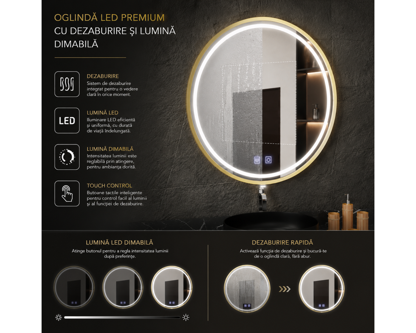 Oglinda LED Rotunda cu Functie Dezaburire si Sistem Touch, Auriu Periat E04/70x70cm