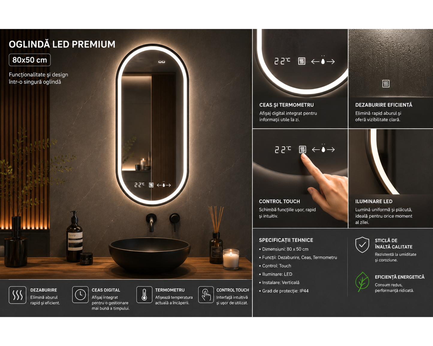 Oglinda LED din Colectia Marcello Funghi Ovala, cu Functie Dezaburire, Ceas, Termometru si Sistem Touch, model W14/50x80cm