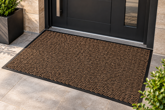 Covoras de Intrare ®OPTIMDEKO, 150 x 90 cm, Antiderapant, Absorbant si Antimurdarie, Striat, Baza din Cauciuc, Rezistent, pentru Interior si Exterior, Maro/Negru