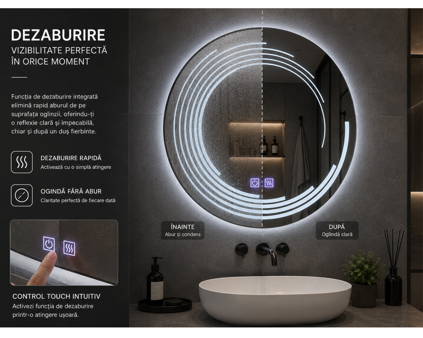 Oglindă LED Rotundă 70x70 cm Lira Touch cu Funcție Dezaburire și Iluminare LED Dimabilă