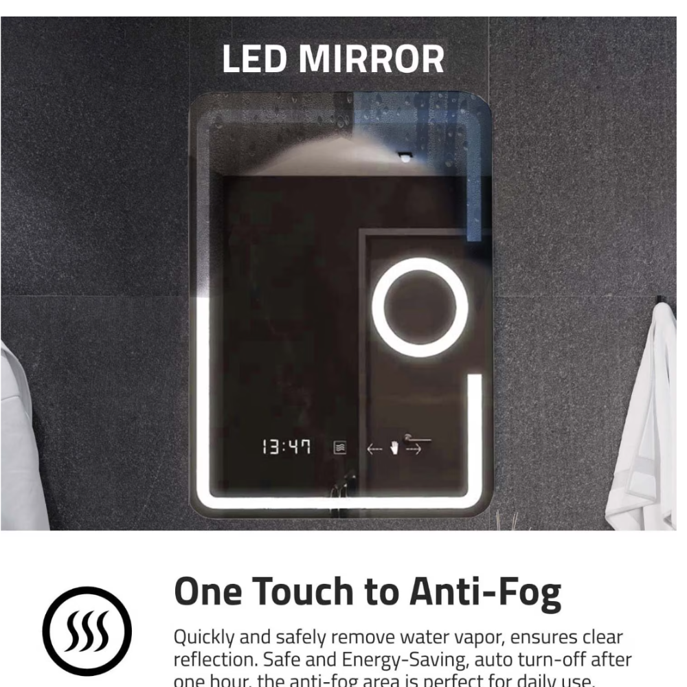 Oglinda LED Dreptunghiulara, cu Functie Dezaburire, Lupa Cosmetica si Sistem Touch, Colectia Marcello Funghi, W05 50x70cm