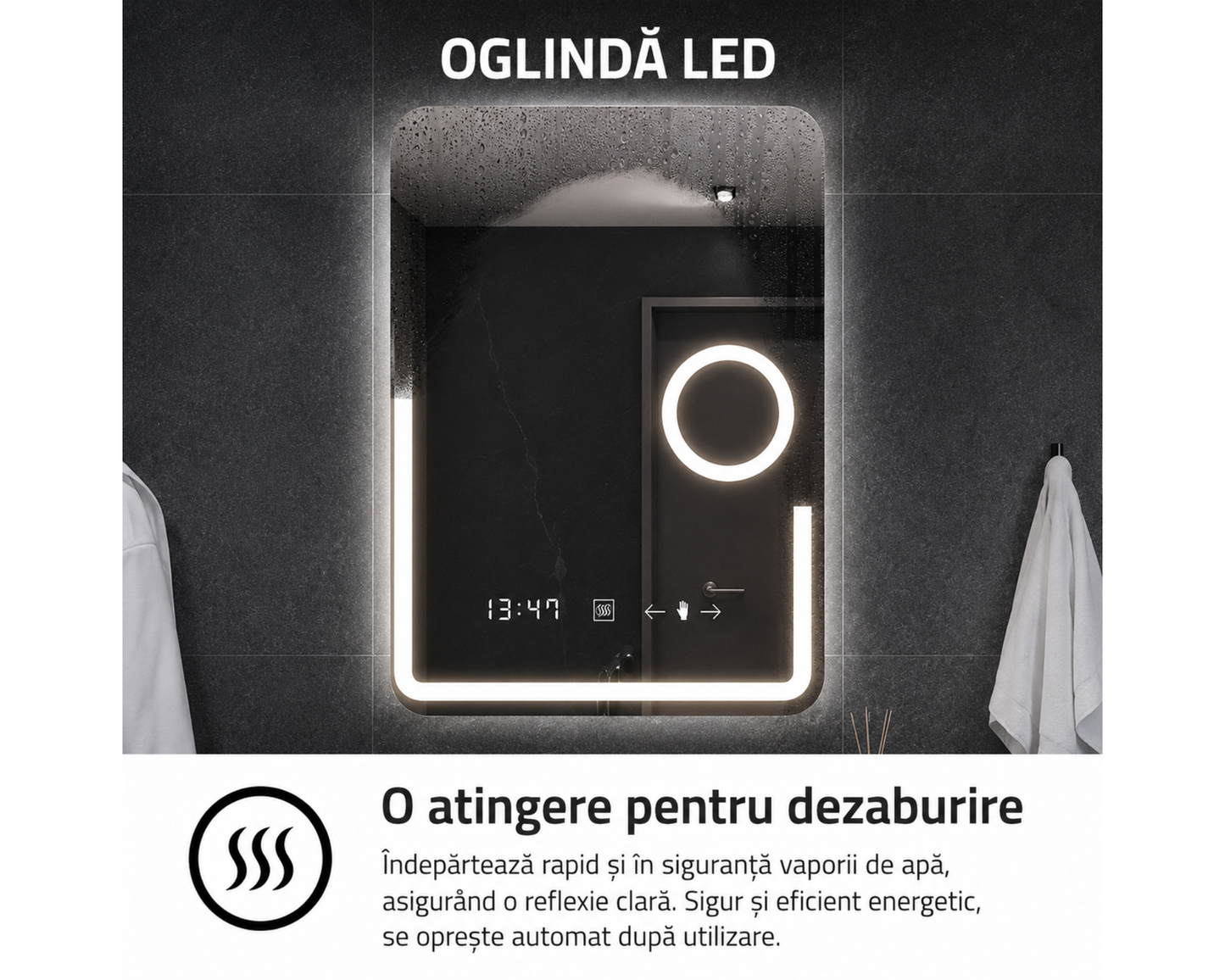 Oglinda LED Dreptunghiulara, cu Functie Dezaburire, Lupa Cosmetica si Sistem Touch, Colectia Marcello Funghi, W05 60x80cm