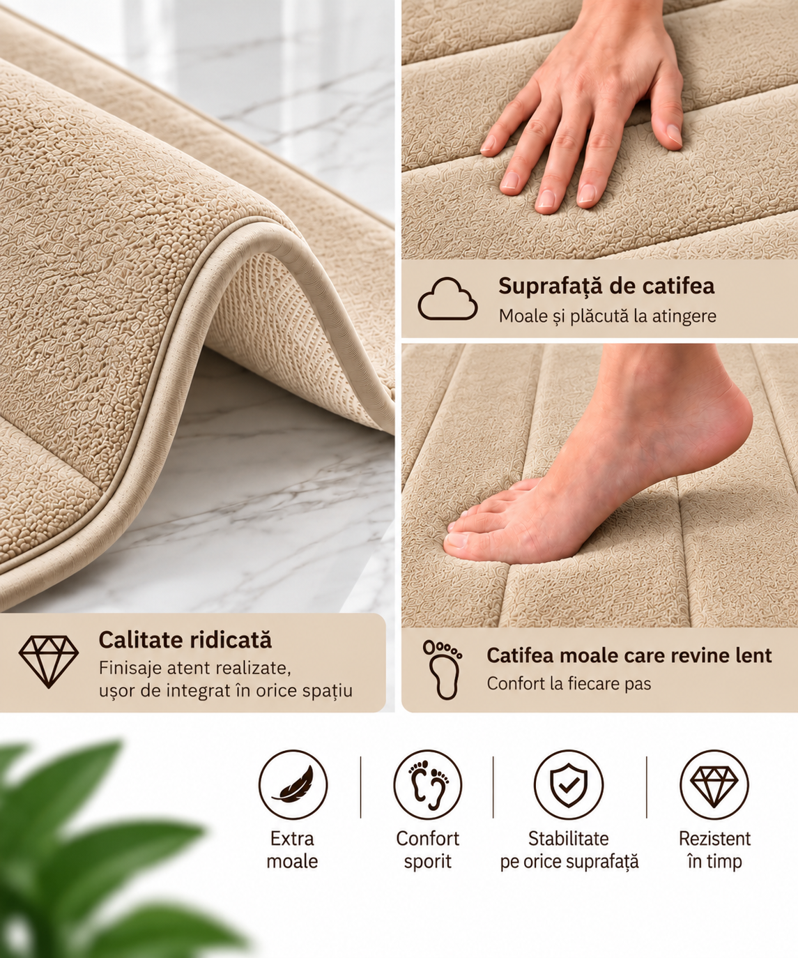 Covorase de Baie ®OPTIMDEKO, Spuma cu Memorie, 80x50 cm + 50x40 cm, Suprafata Moale si Absorbanta, Antiderapante, Lavabile, pentru Baie si WC, Crem